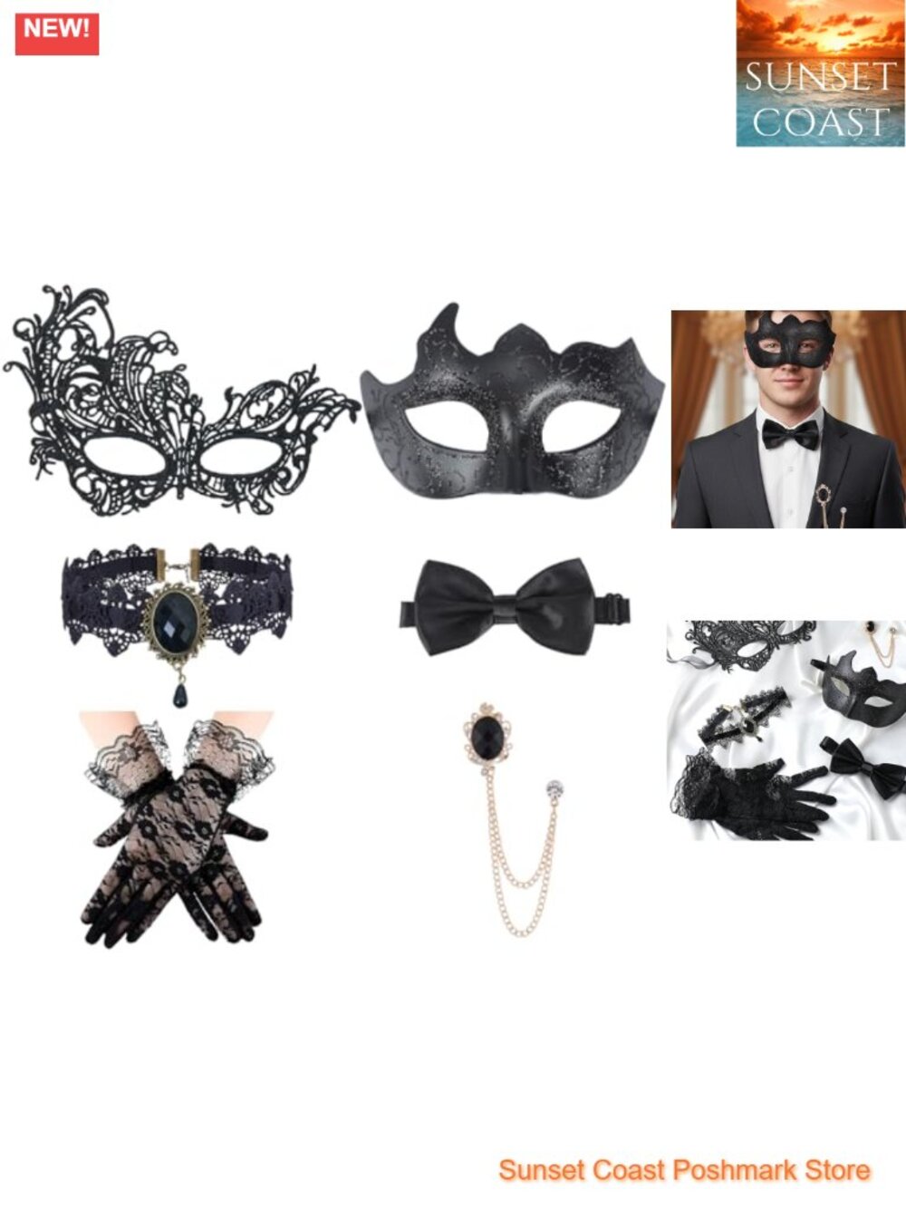 Gothic Couple Masquerade Mask Set 6 Pc Venetian Lace Gloves Choker Bow Tie
